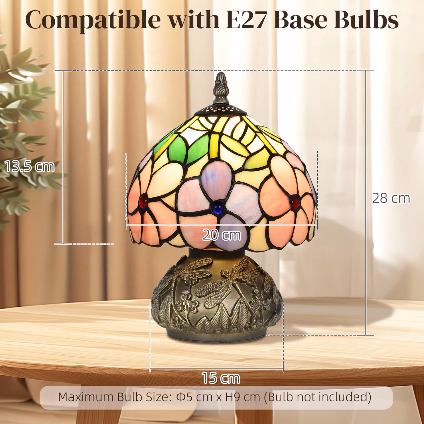 HOMCOM Tiffany-Style Table Lamp with Sculpted Dragonfly Base, Handcrafted Antique Stained Glass Bedside Lamp for Living Room and Bedroom, E27 Socket, Pink and Multicolour – 3