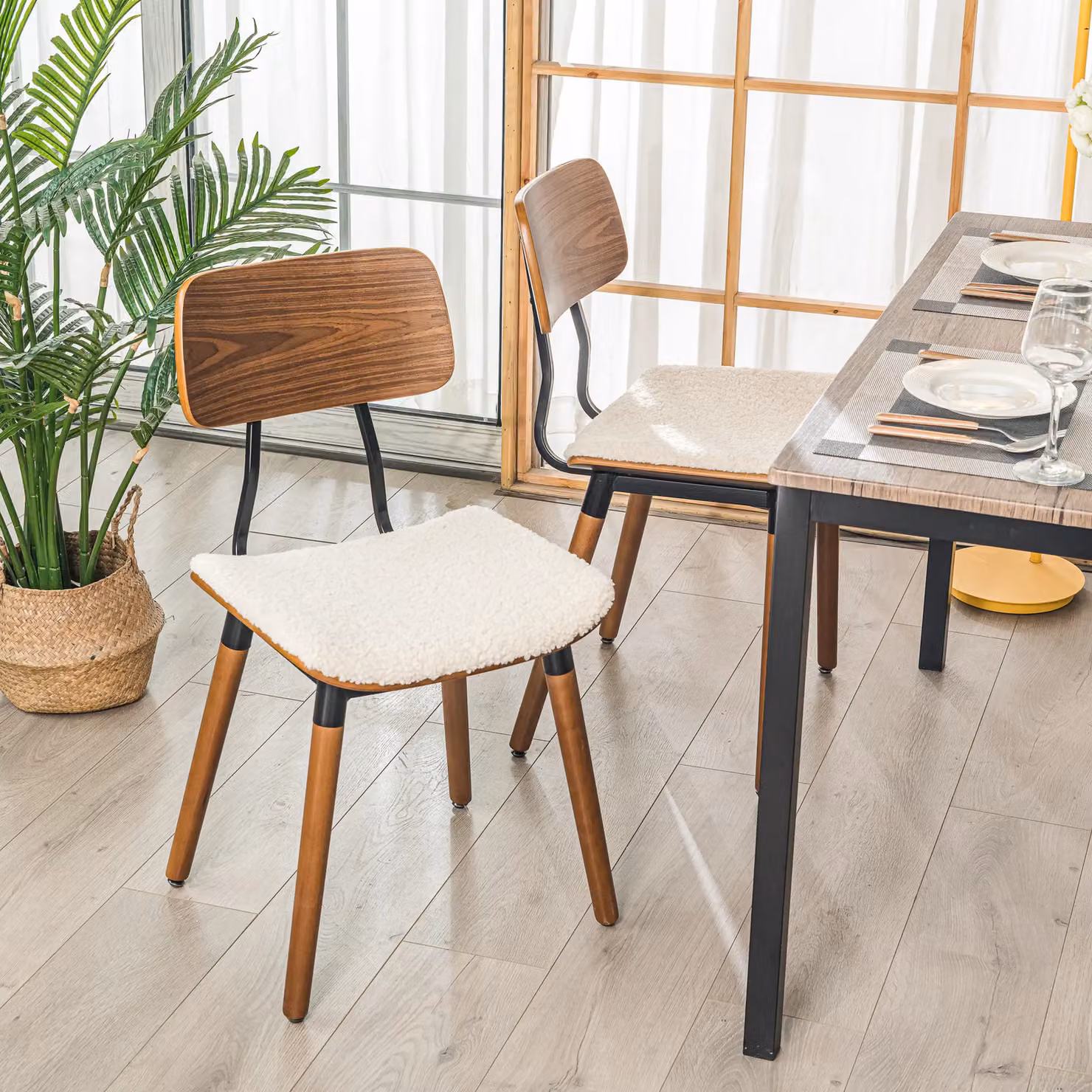 Nordlys Set of 2 Scandinavian Style Wooden Dining Chairs in White Bouclé Fabric and Brown Wood – 2