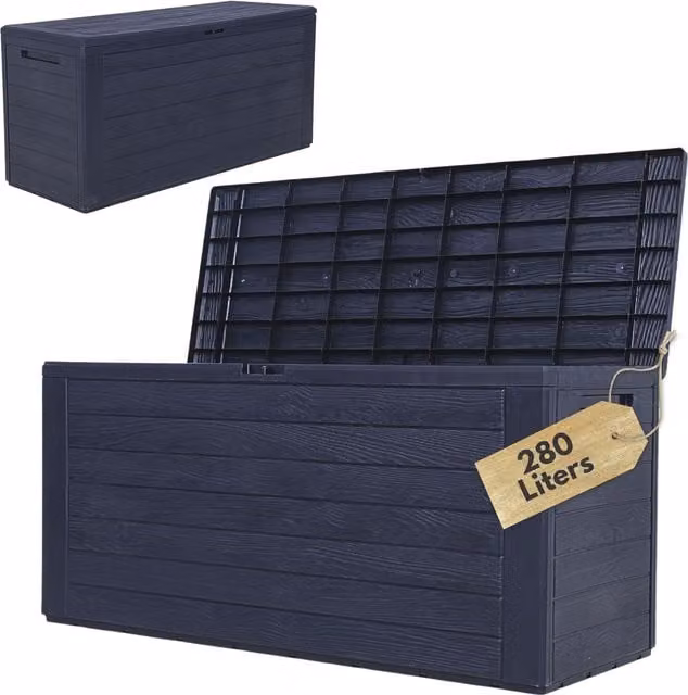 NOVECRAFTO Grey Plastic Garden Storage Box with Woodgrain Effect Lid