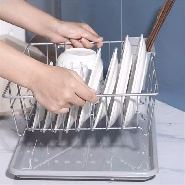 SPETLEK Silver Dish Drying Rack with Drip Tray and Cutlery Holder