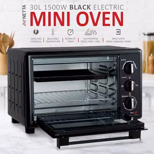 NETTA 30L Mini Electric Oven and Grill in Black, 1500W with Timer – 2