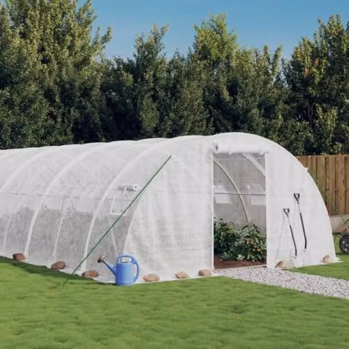 vidaXL Large White Greenhouse with Steel Frame and Mesh Windows, W: 16 m, D: 4 m, H: 2 m – 2