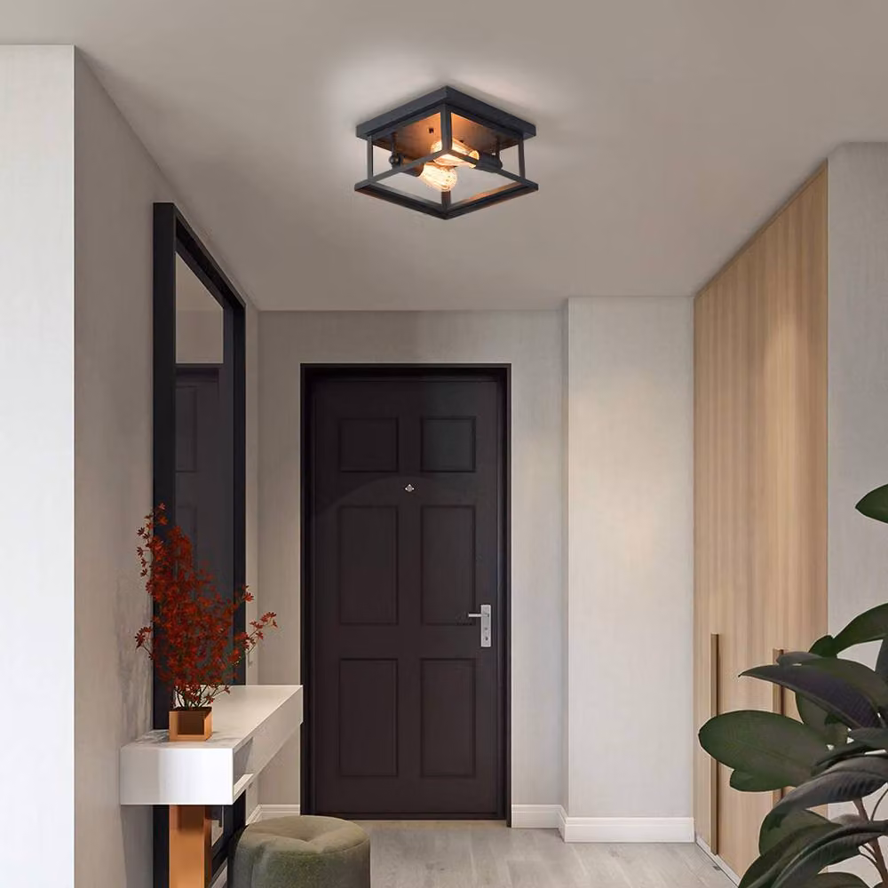 NIVOR Retro Rectangle Industrial 2-Light Flush Mount Ceiling Chandelier in Black – 3