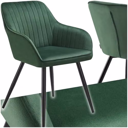 tectake Dining Chair with Quilted Velvet-Look Cover and Armrests in Dark Green and Black