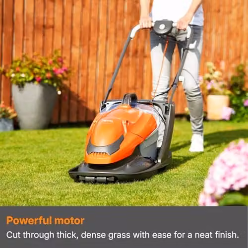 Flymo EasiGlide Plus 330V Hover Collect Electric Lawnmower in Orange and Grey with Collection Bag – 3