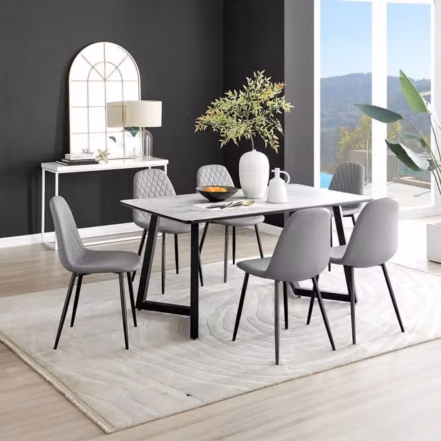 FurnitureboxUK Carson White Marble Effect Dining Table and 6 Corona Black Leg Chairs in Grey – 1