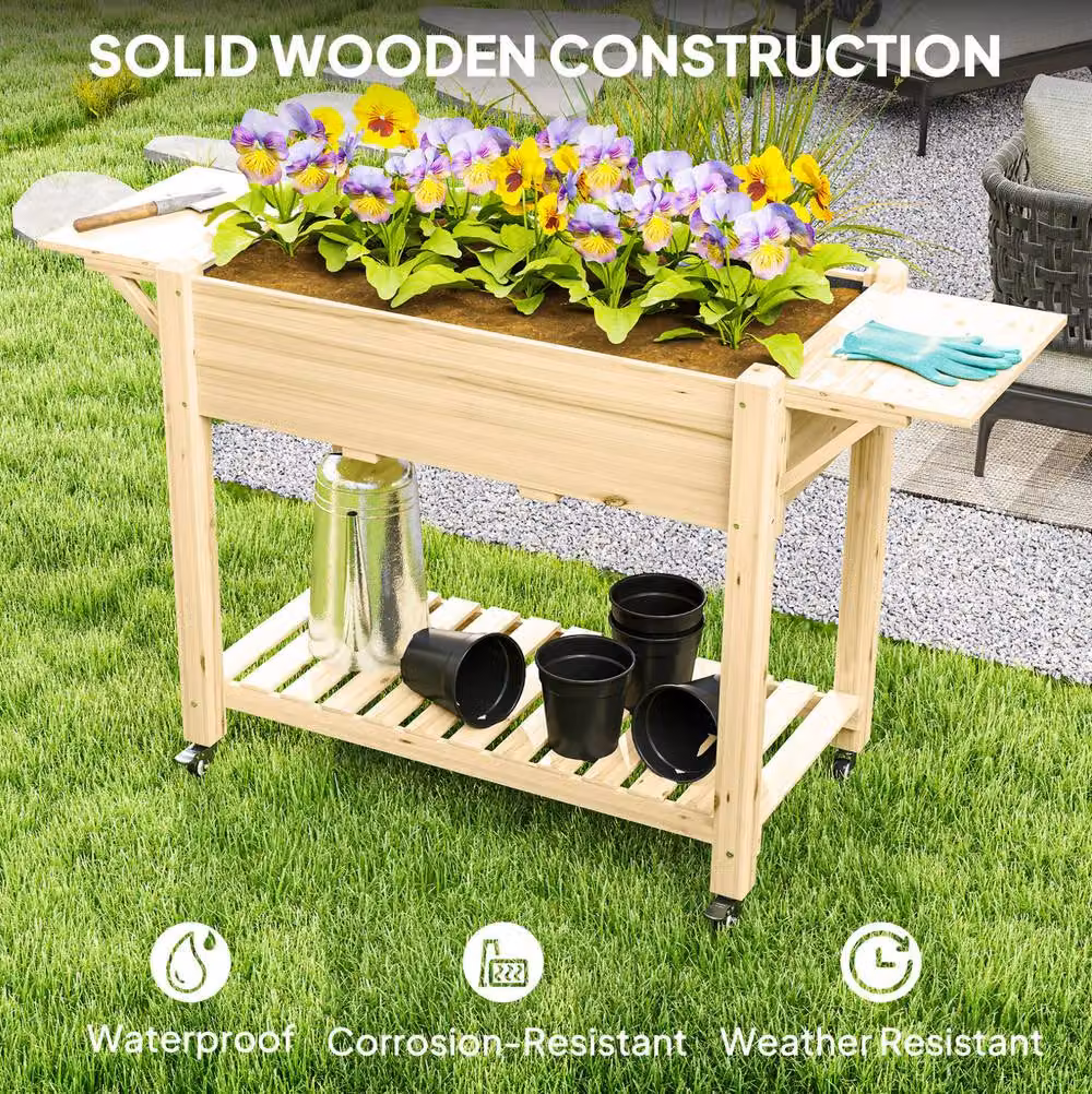 STILVORA Natural Wooden Raised Planter with Shelves and Wheels, Height: 145 cm – 7