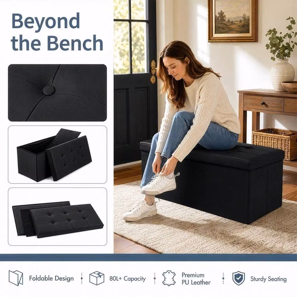 KORVIXA Black Faux Leather Foldable Storage Ottoman, W/D/H: 76 x 37 x 37 cm – 4