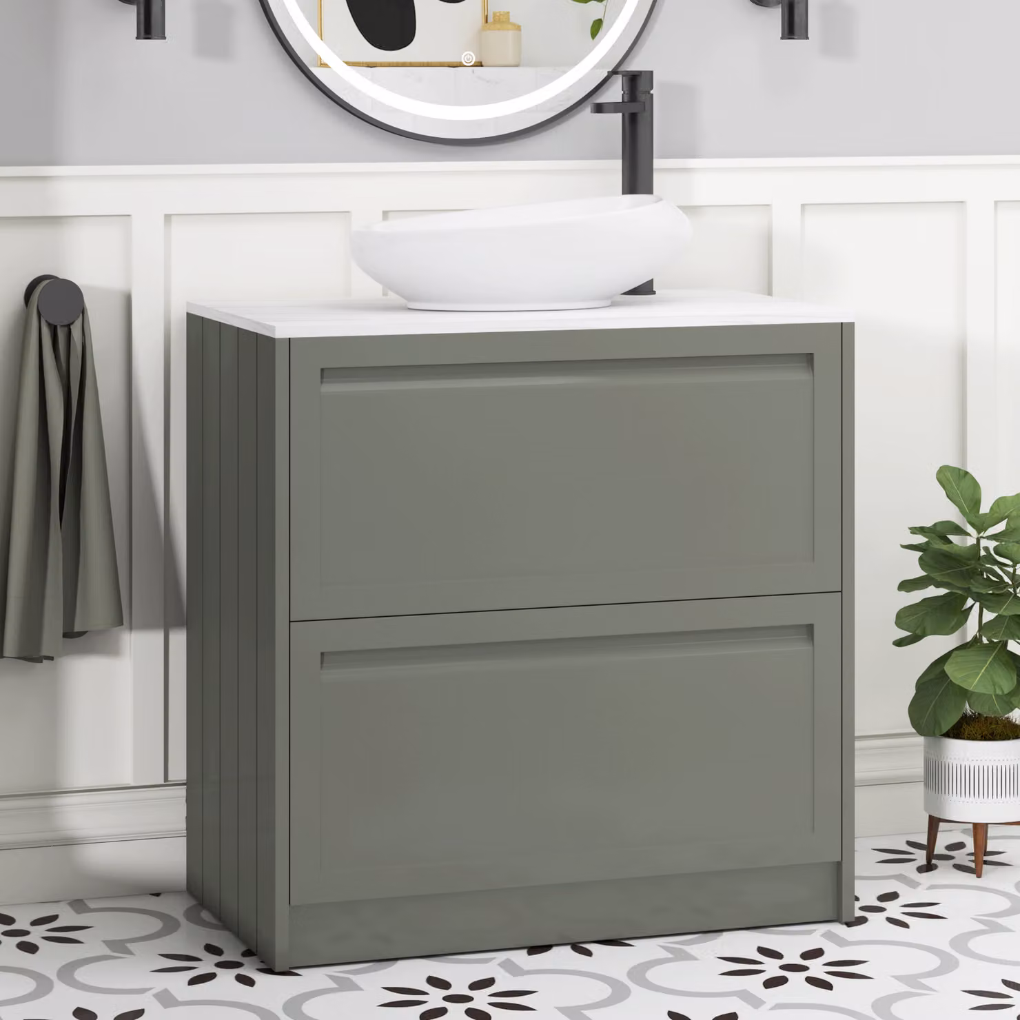 Royal Bathrooms Elmore 800mm Matt Green Floor Standing Countertop Vanity Unit with 2 Drawers and Nova Basin