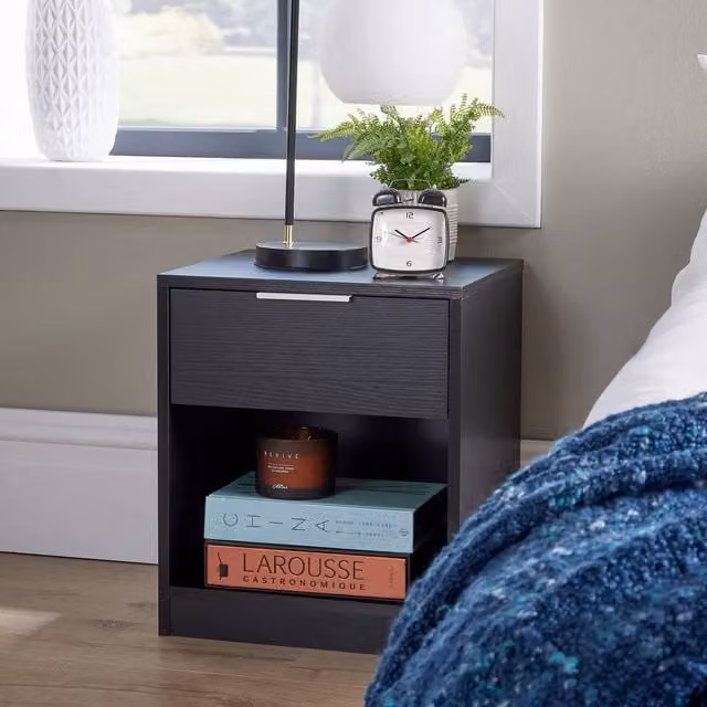 Home Source Phoenix 1 Drawer Bedside Table Storage Unit in Black
