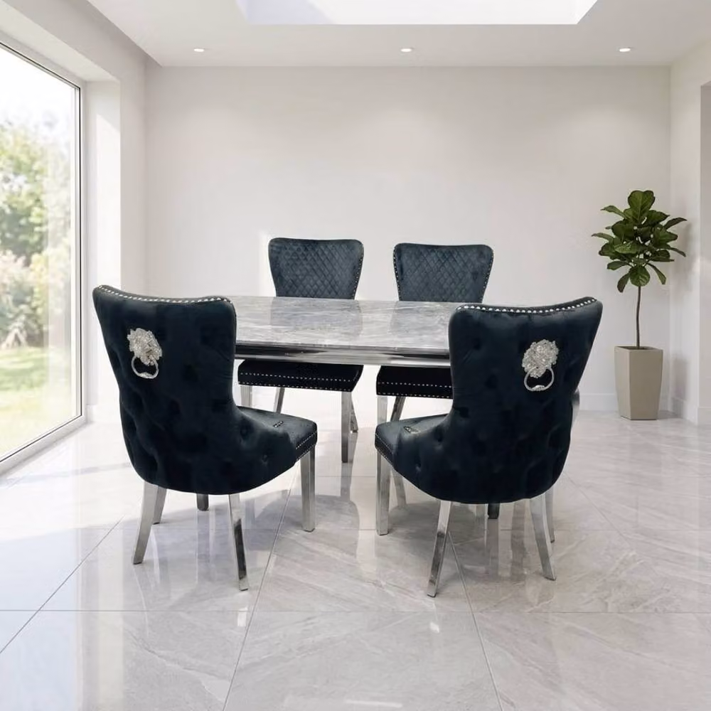 Home Luxe Interior Sofia Grey Marble Dining Table and 4 Victoria Black Lion Silver Chairs – 2