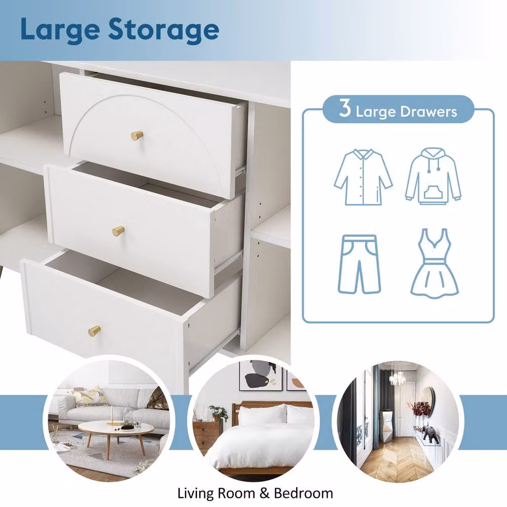 HomeTouch White Modern Wood Chest of Drawers and Sideboard Cabinet for Bedroom or Living Room – 3