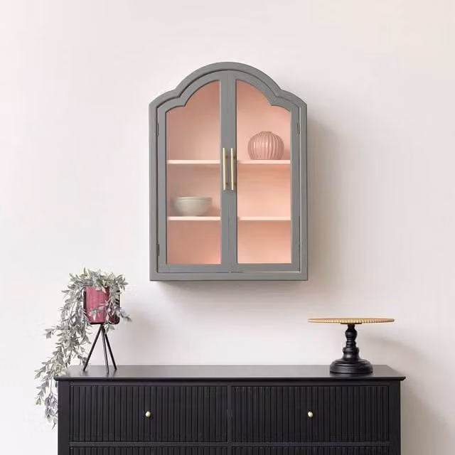 Melody Maison Arched Wall Cabinet in Khaki Green, Peach and Pink with Glass Doors, W: 79 cm, H: 57 cm