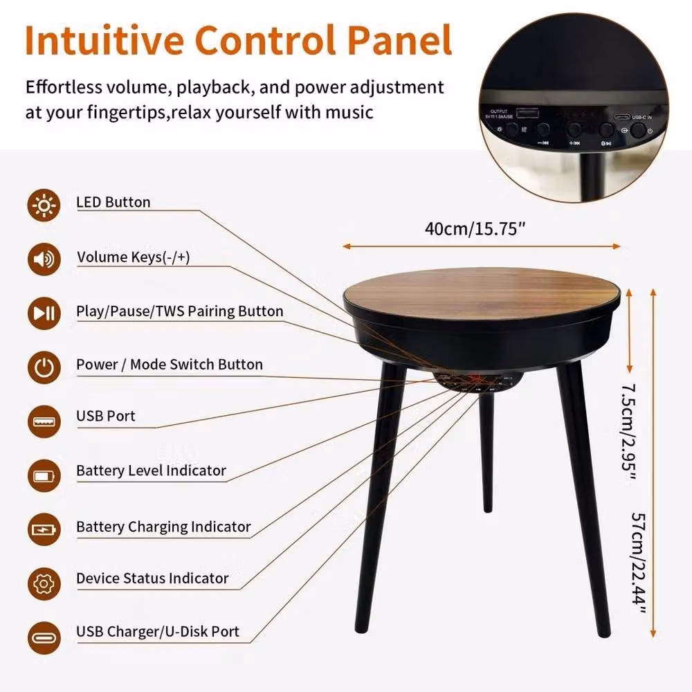 KORVIXA Walnut and Black Smart Side Table with Bluetooth Speaker, Brown, W/D/H: 100 x 100 x 100 cm – 2