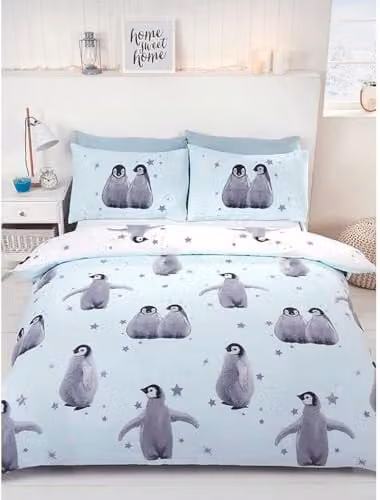 Rapport Home Starry Penguins Reversible Polycotton Duvet Cover and Pillowcase Set in Blue, White and Pink, W/D/H: 220 x 230 x 180 x 200 cm