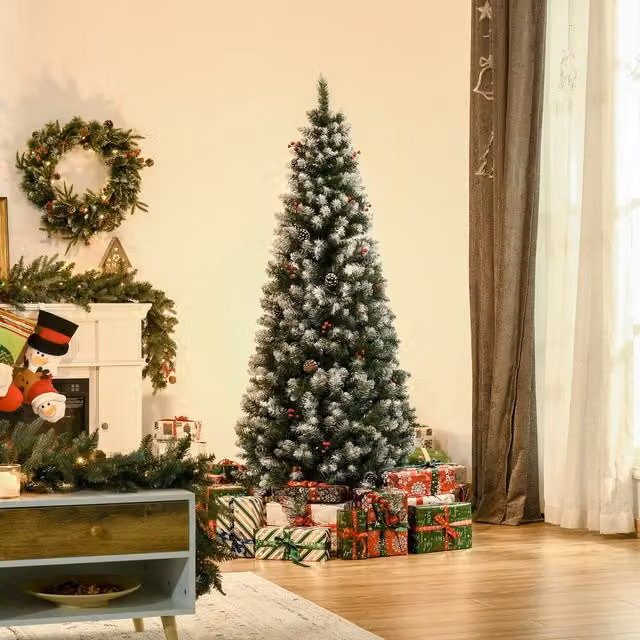 HOMCOM 6ft Artificial Pencil Christmas Tree with Pinecones and Berries in Green and Red