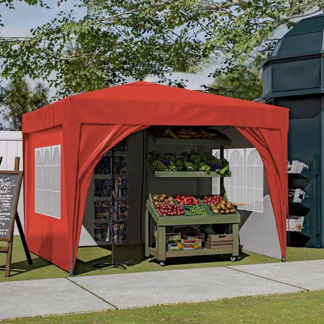 BIRCHTREE Red Pop Up Freestanding Gazebo with Polyester and PVC Canopy and Steel Frame