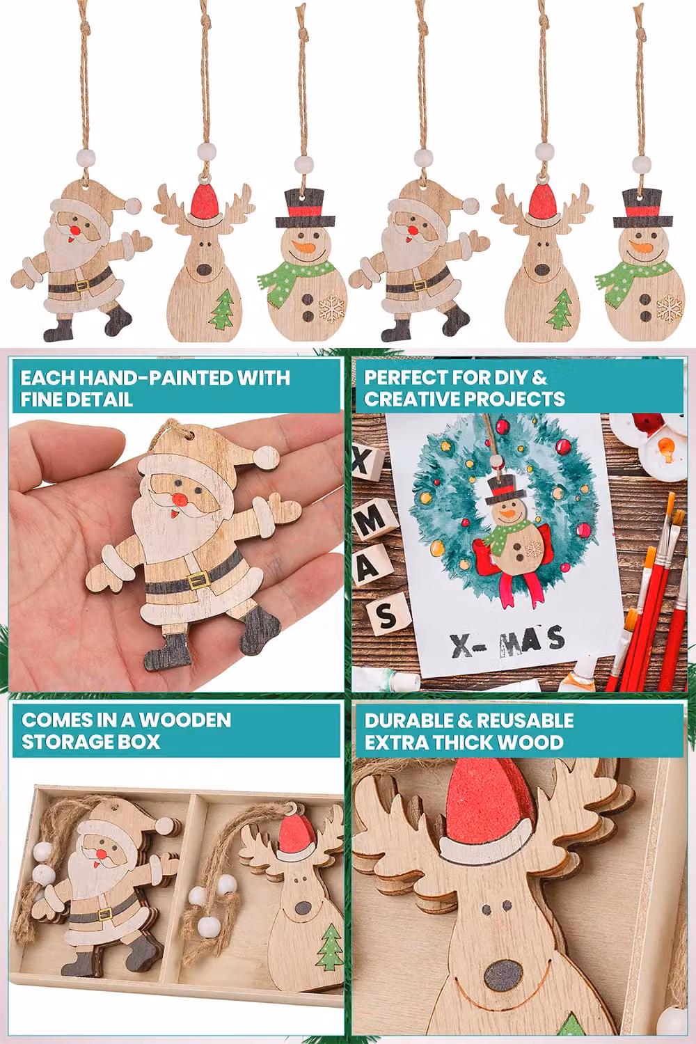 Neel Blue Pack of 9 Beige Scandinavian Wooden Christmas Tree Ornaments featuring Santa, Reindeer and Snowman Figures – 3