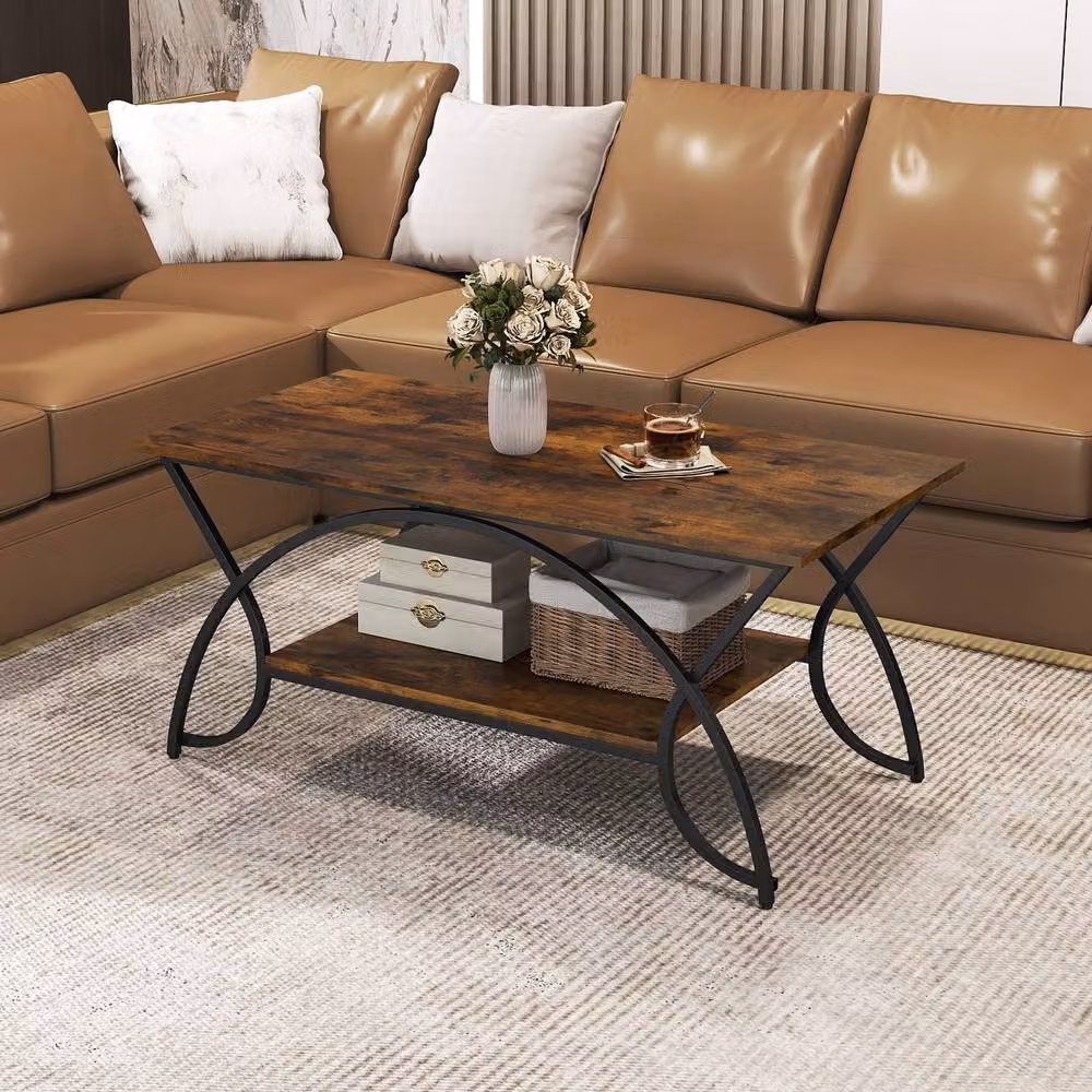 Costway Modern 2-Tier Faux Marble Coffee Table with Shelf in Brown – 2