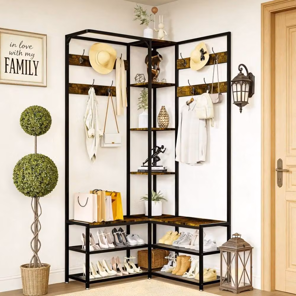 KORVIXA Reversible Industrial Hall Tree with Bench in Brown and Black, H: 178.5 cm x W: 146.0 cm – 4