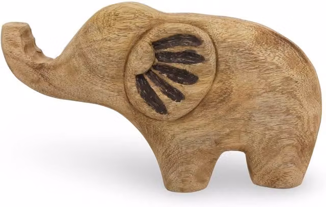 Elm Home And Garden Mango Wood Elephant Sculpture, Brown Hand-Carved Decorative Ornament, H 37.0 x W 25.0 x D 7.0 cm