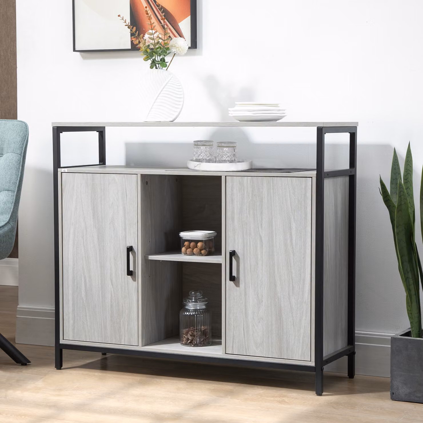 HOMCOM Contemporary Steel-Framed Kitchen Storage Cabinet and Living Room Sideboard with Adjustable Shelves and 2 Doors, Light Grey – 2