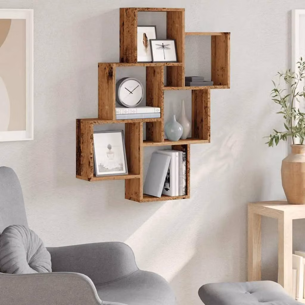 Berkfield Home Wall Cube Shelf in Old Wood Brown, W/D/H: 78 x 15 x 93 cm – 3