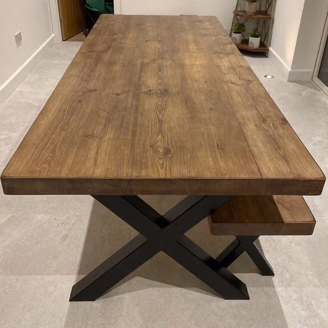 TRL Handmade Furniture Rectangular Industrial Dining Table in Brown Oiled Pine and Metal, W/D/H: 200 x 80 x 75 cm