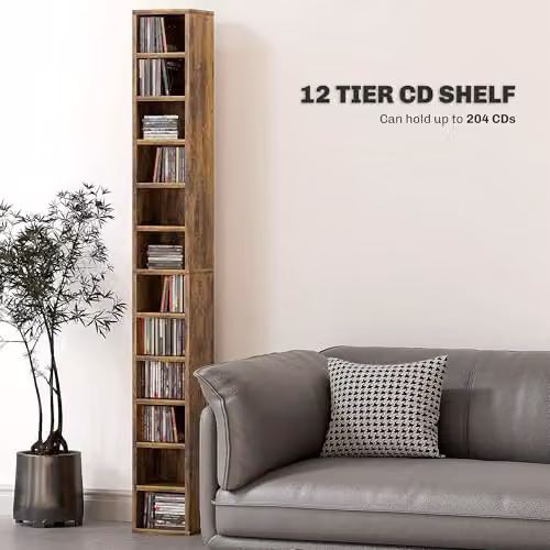 HOMCOM Corner CD Storage Unit with 12 Media Compartments, Rustic Brown, Height: 175 cm – 3