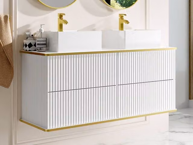 Vente-unique Ribbed White and Gold Edge Suspended Double Bathroom Vanity W/D/H: 120 x 47 x 54 cm