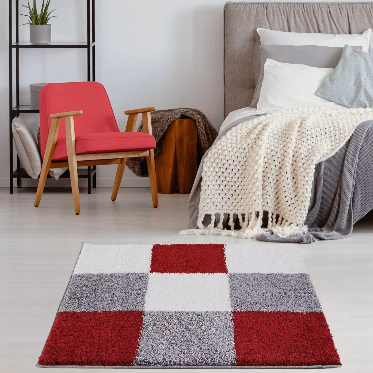 THE RUGS Soft Check High Pile Shaggy Rug for Living Room and Bedroom, Red, W: 160 cm, D: 230 cm – 7