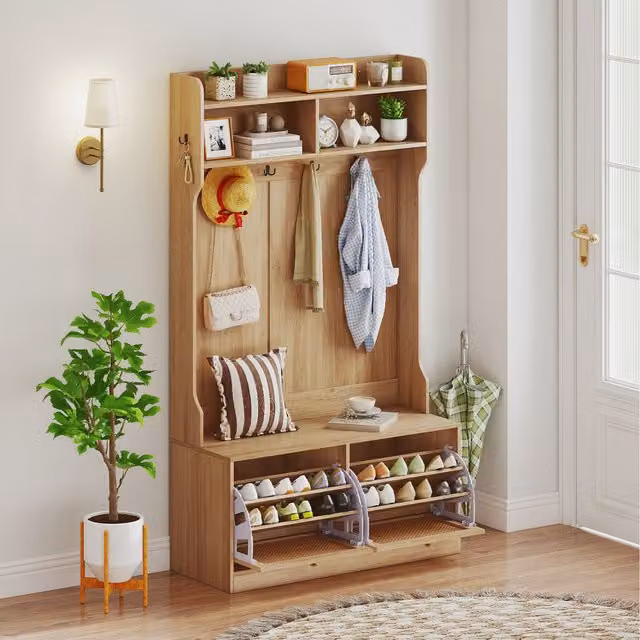 COSTWAY Rustic Hall Tree with Bench and Shoe Rack in Brown