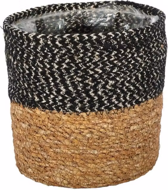 KDMD Natural and Black Seagrass Baskets with Liner, 3 Pack, W/D/H: 16 x 16 x 16 cm