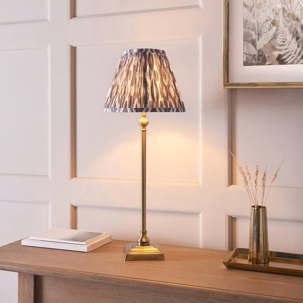 Netlighting Lille Brass Plate Table Lamp with Grey Fabric Ikat Shade, Gold/Brass, Diameter: 25 cm – 2