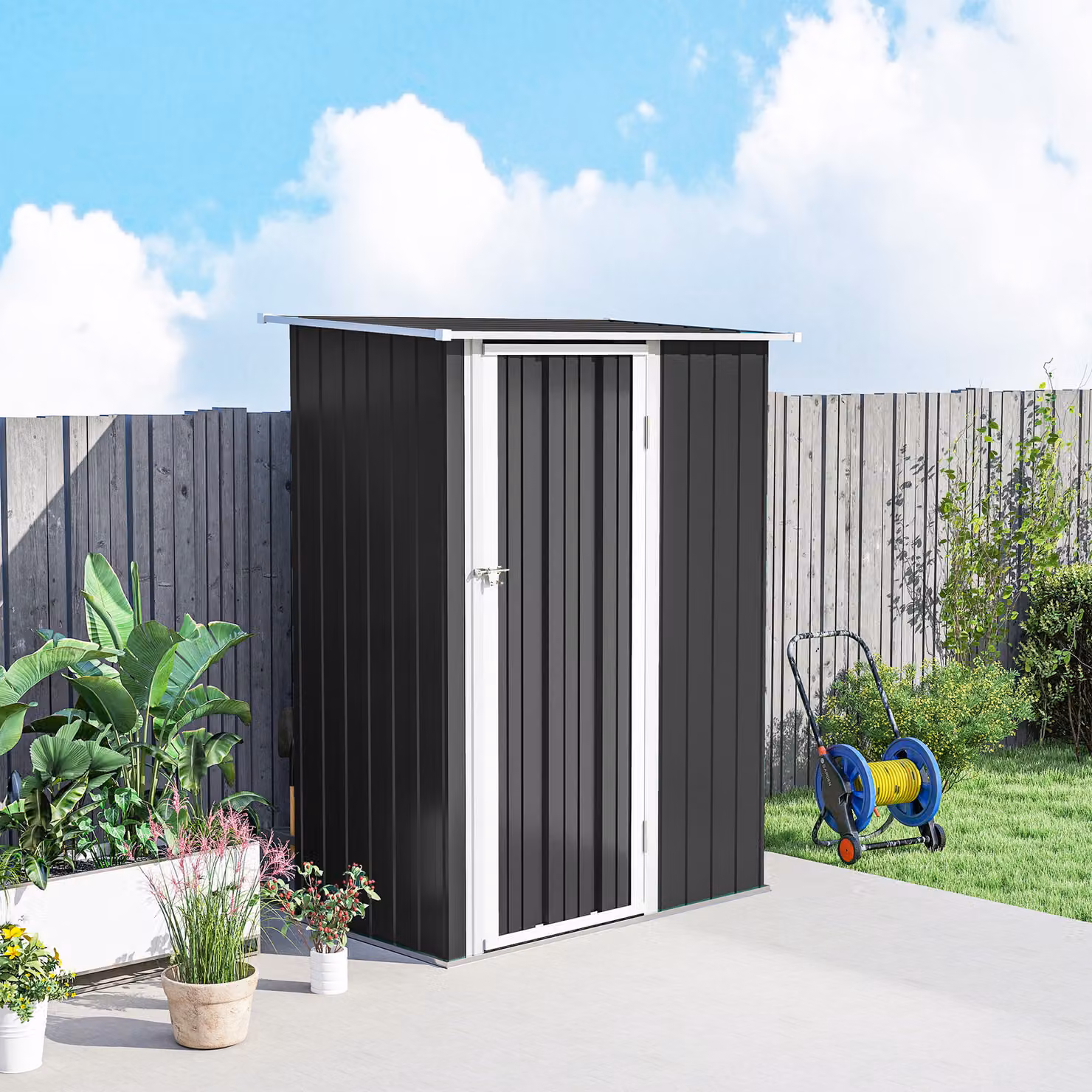 Outsunny Grey Garden Storage Shed with Sloped Roof and Lockable Door, W/D/H: 142 x 84 x 189 cm – 8
