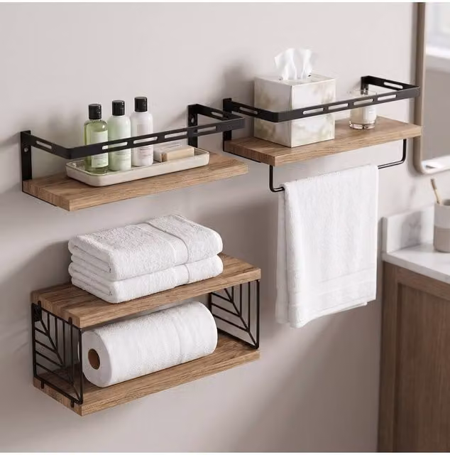 Living and Home Rustic Brown Wall-Mounted Floating Shelves Storage Organiser with Hanging Rod