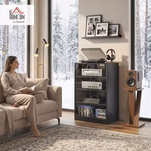 HOMCOM Modern Black Hi-Fi Stand with Glass Doors and Internal Shelves, W: 91 cm, D: 40 cm, H: 54 cm – 2