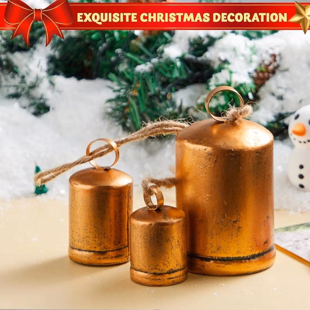 SPETLEK Set of 3 Giant Harmony Cow Bells in Gold Metal with Vintage Design – 3