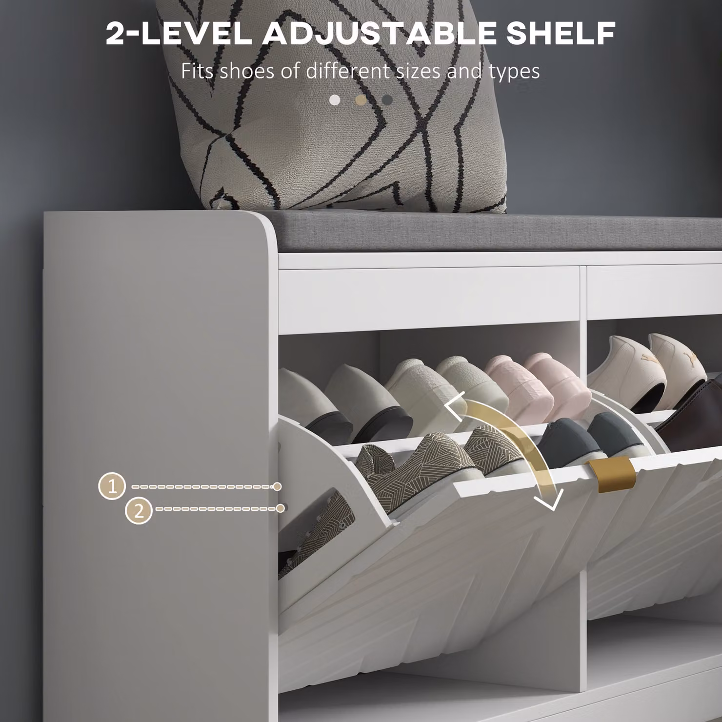 HOMCOM Modern Upholstered Shoe Storage Bench with 2 Flip Drawers and 2 Vents in White and Gold – 4