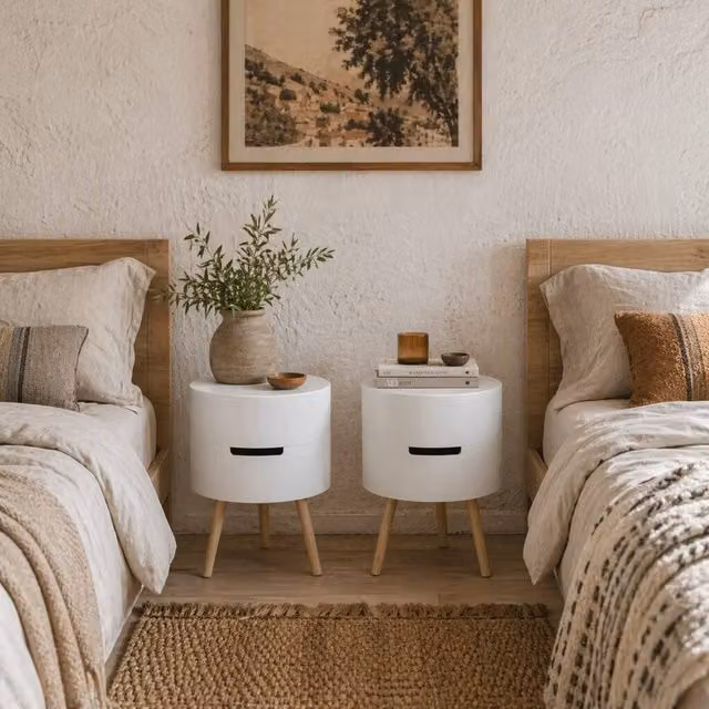 Wyld Haus Amelia Set of 2 White Round 3 Tier Bedside Tables with Storage and Tray in Natural White