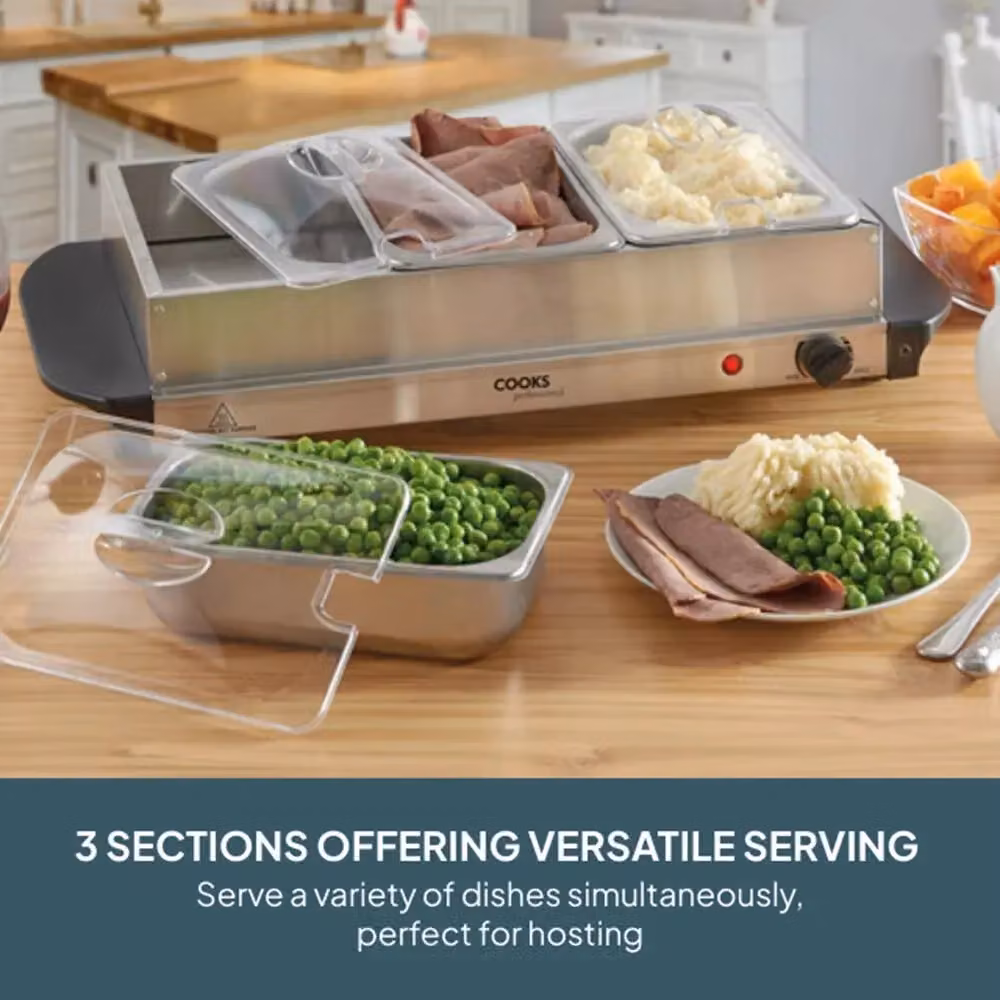 Cooks Professional 3-Section Buffet Warmer with Hotplate Function and Adjustable Temperature, 4.5L, Silver – 2