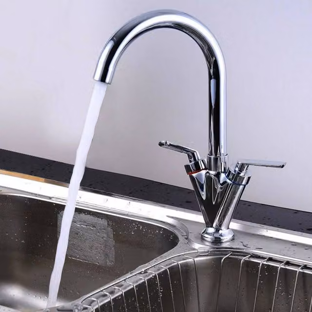 NESTLUNE Modern Twin Lever Kitchen Sink Mixer Tap in Silver with Swivel Spout, Chrome Finish, H 34.5 cm x W 100 cm x D 52 cm – 1