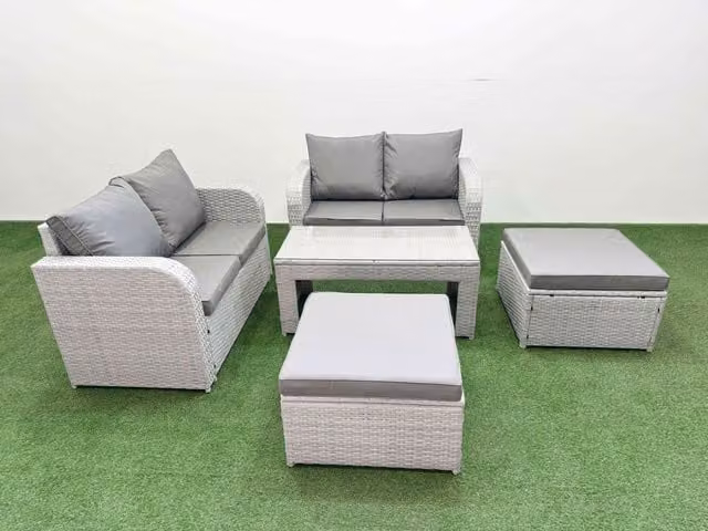 Fimous 6 Seater Rattan Garden Furniture Set in Light Grey with Oblong Coffee Table and Ottoman