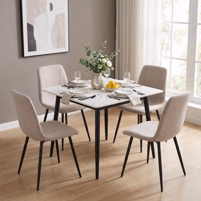 FWStyle 5 Piece Modern Square Dining Set with Cream Marble Effect Ceramic Table and Light Brown Upholstered Chairs – 1
