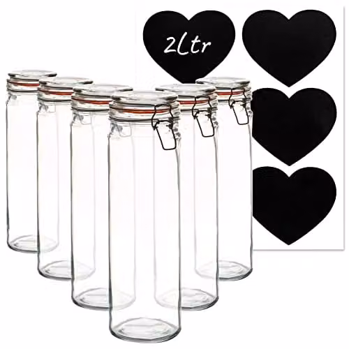 Argon Tableware 6 Pack Transparent Glass Storage Jars with Airtight Metal Clip Lids and Heart Labels, 2L