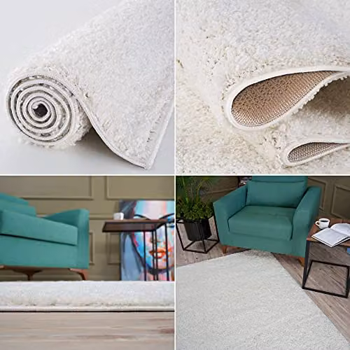 THE RUGS White Plain Soft High Pile Shaggy Square Rug, W/D: 120 x 120 cm – 2