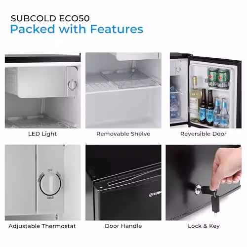 Subcold Eco50 Mini Fridge Black, 45L Countertop Compressor Model with Lockable Solid Door – 5