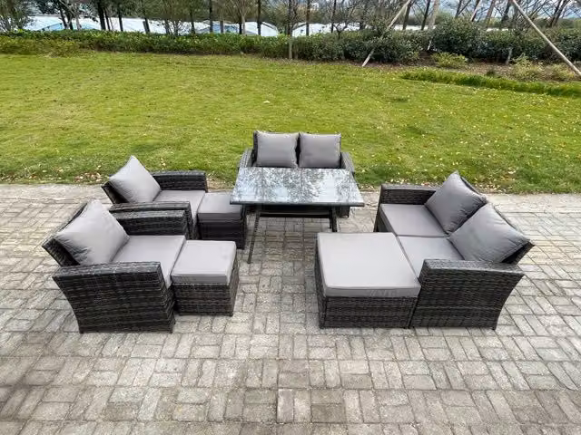 Fimous 8 Piece Wicker Rattan Garden Furniture Set with 3 Footstools in Dark Grey