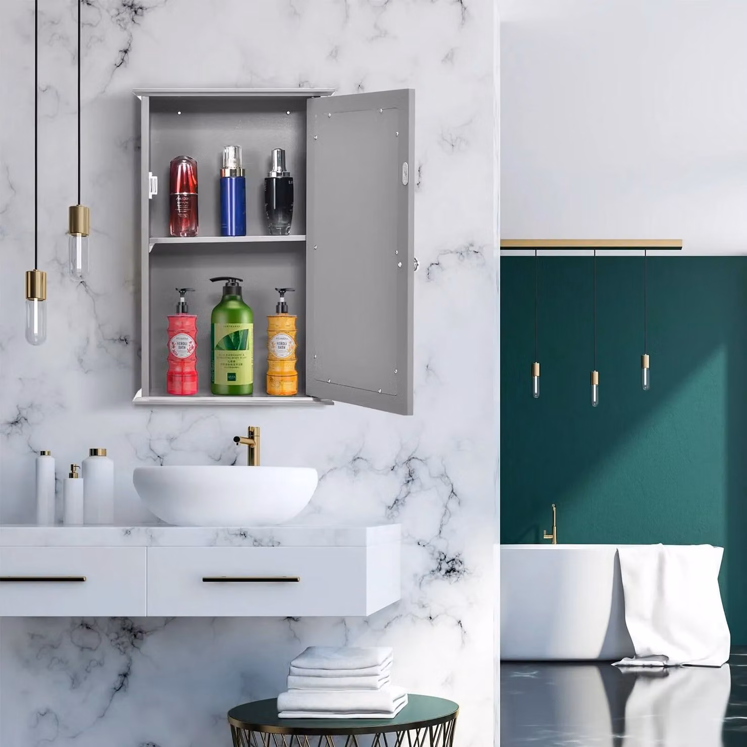 Costway Grey Wall Mounted Mirrored Bathroom Medicine Cabinet with Internal Shelves and Hinged Glass Doors – 3