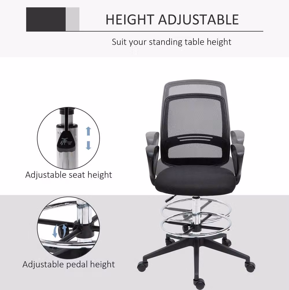 STILVORA Black Mesh Drafting Chair with Footrest and Swivel Base, H 120 x W 59.5 x D 61 cm – 4